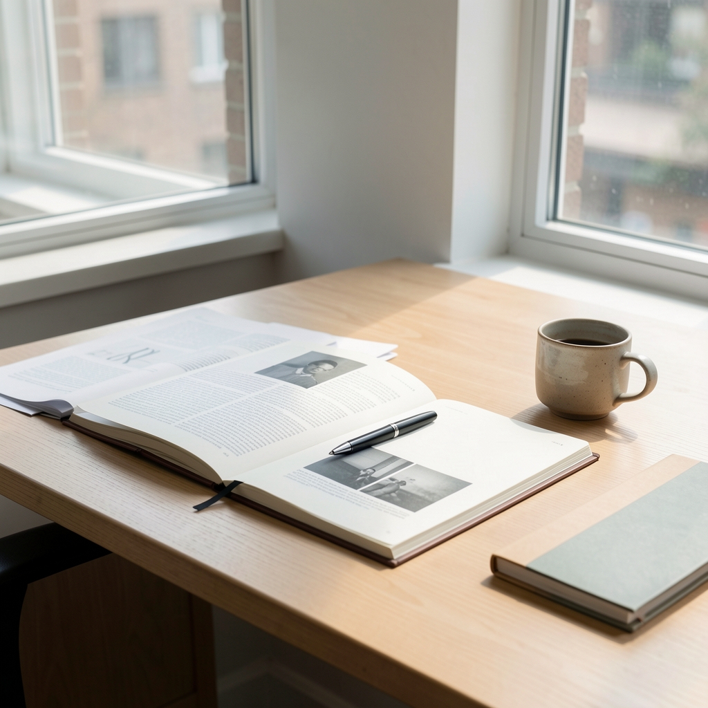 A well-lit editorial workspace with an open research notebook, printed pages, and a small ceramic cup arranged on a light wooden desk near a window