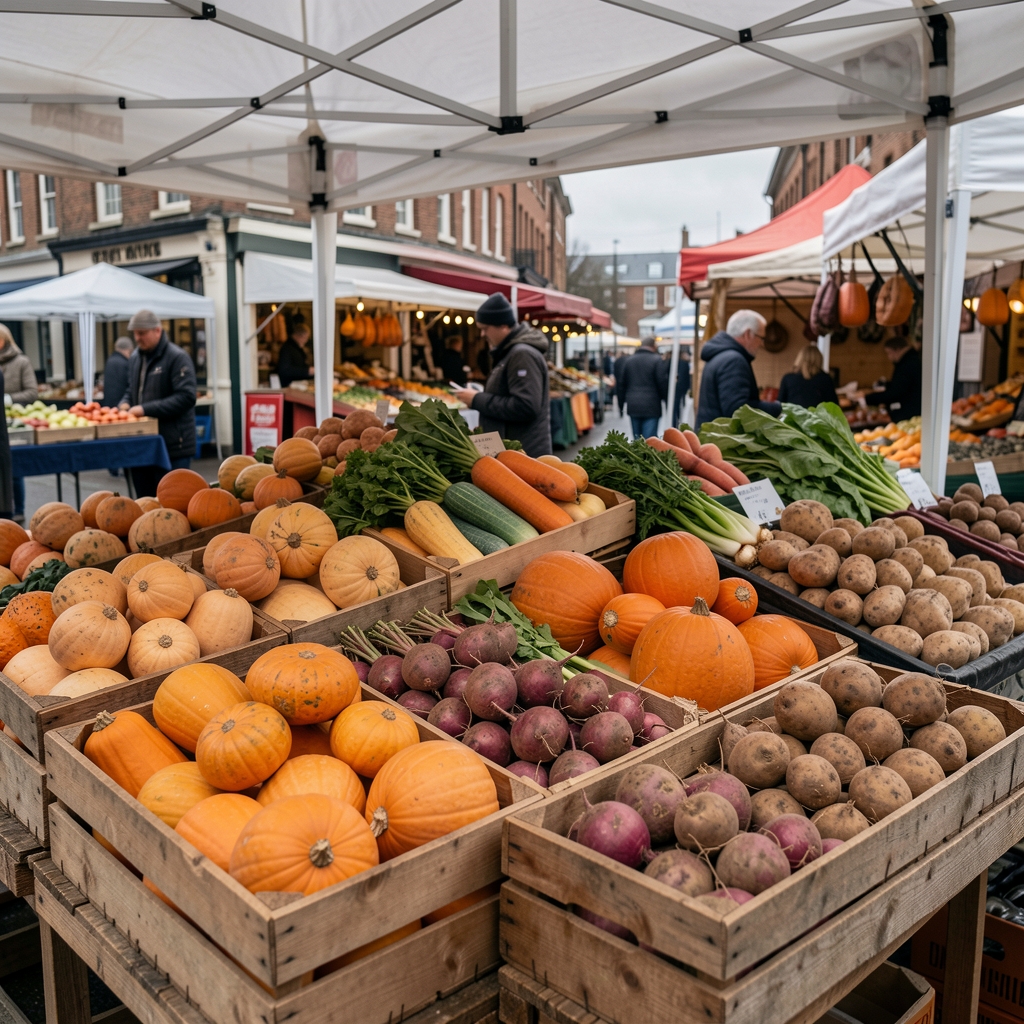 Market stall display of seasonal autumn and winter vegetables including squash, root vegetables, and dark leafy greens arranged in wooden crates under overcast natural light